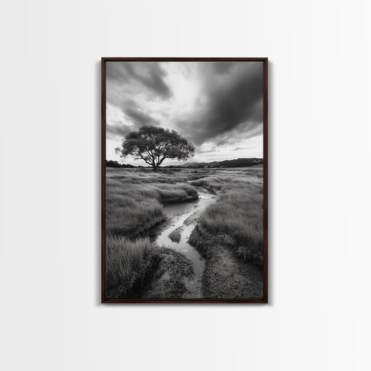 Solitary Tree, Storm Sky, Tranquil Meadow, Nature Landscape, Framed Canvas Print, Rustic Decor, Fall Wall Art, Bedroom Minimalist Art