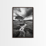 Solitary Tree, Storm Sky, Tranquil Meadow, Nature Landscape, Framed Canvas Print, Rustic Decor, Fall Wall Art, Bedroom Minimalist Art