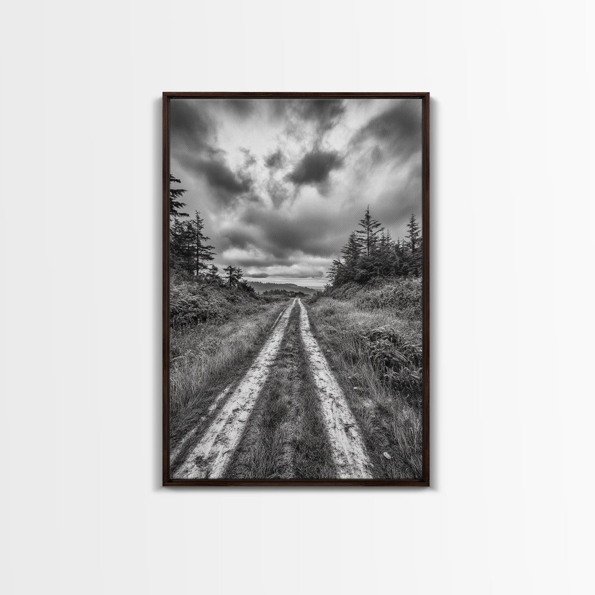 Forest Trail, Overcast Sky, Nature Pathway, Moody Landscape, Framed Canvas Print, Office Wall Art, Woodland Autumn Decor