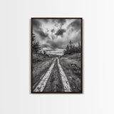 Forest Trail, Overcast Sky, Nature Pathway, Moody Landscape, Framed Canvas Print, Office Wall Art, Woodland Autumn Decor