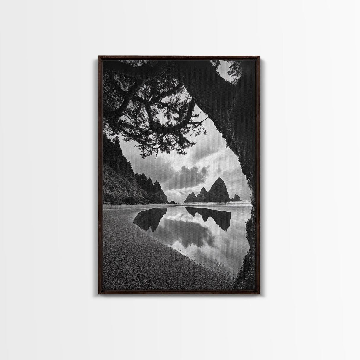 Sea Stacks, Reflected Sky, Dramatic Coastline, Beach Landscape, Canvas Print, Living Room Wall Art, Nature Coastal Decor, moody ocean print