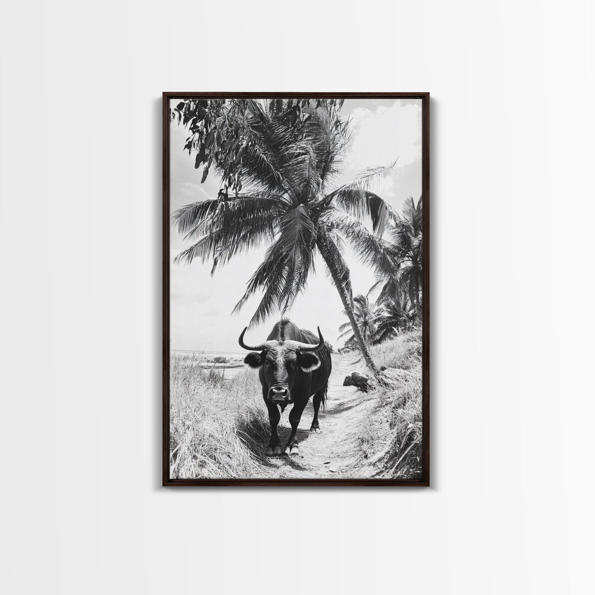 Tropical Bull, Palm Tree, Island Wildlife, Rural Photography, Framed Canvas Print, Kitchen Wall Art, Exotic Boho Decor, farmhouse decor
