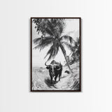 Tropical Bull, Palm Tree, Island Wildlife, Rural Photography, Framed Canvas Print, Kitchen Wall Art, Exotic Boho Decor, farmhouse decor