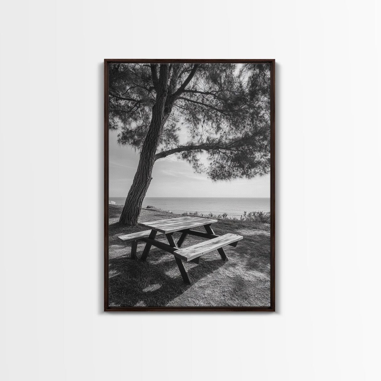 Seaside Bench, Peaceful Escape, Shaded Picnic, Canvas Print, nature photography, coastal wall art, relaxing ocean decor, Minimalist Decor