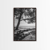Seaside Bench, Peaceful Escape, Shaded Picnic, Canvas Print, nature photography, coastal wall art, relaxing ocean decor, Minimalist Decor