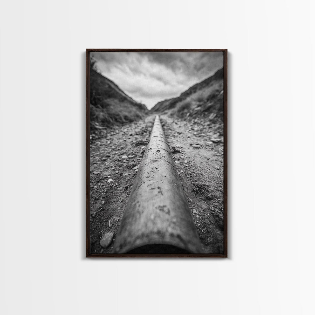 Industrial Line, Utility Pipe, Grunge Road, Canvas Print, Black White Photography, Modern Loft Decor, Urban Wall Art, Minimalist Style