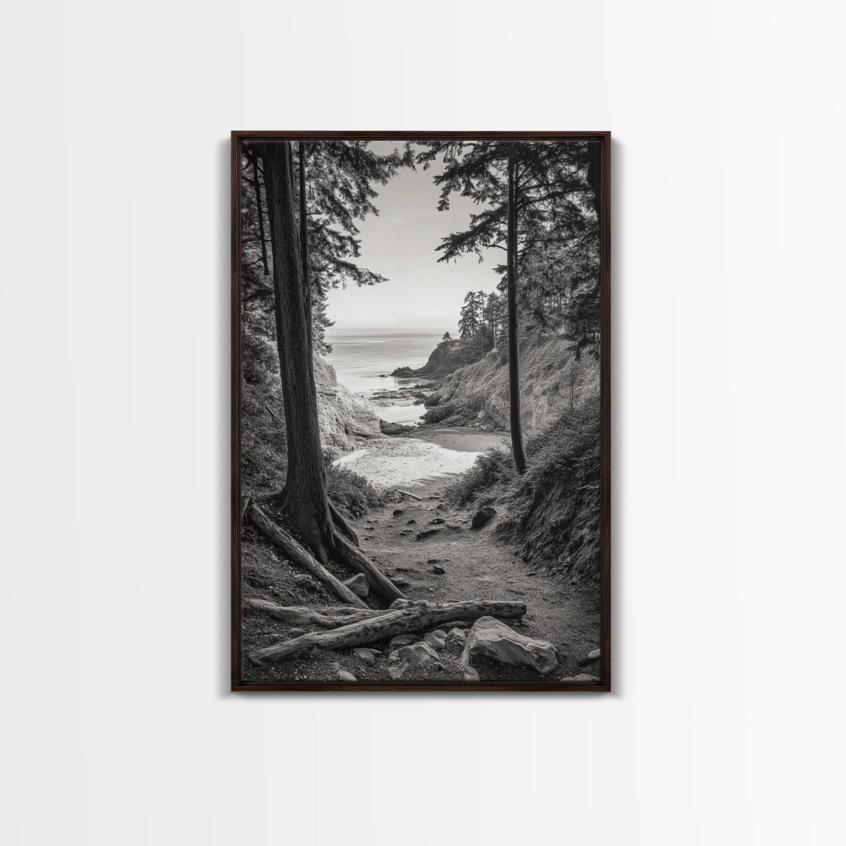 orest Cove, Ocean View, Pacific Trail, Framed Canvas Print, Coastal Nature Wall Art, Entryway Decor, Earthy Minimalist Photography