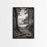 orest Cove, Ocean View, Pacific Trail, Framed Canvas Print, Coastal Nature Wall Art, Entryway Decor, Earthy Minimalist Photography