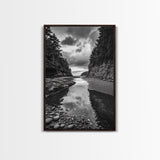 Tide Pool, Forest Reflection, Coastal Calm, Framed Canvas Print, Black White Nature Art, Bathroom or Bedroom Decor, Tranquil Scene