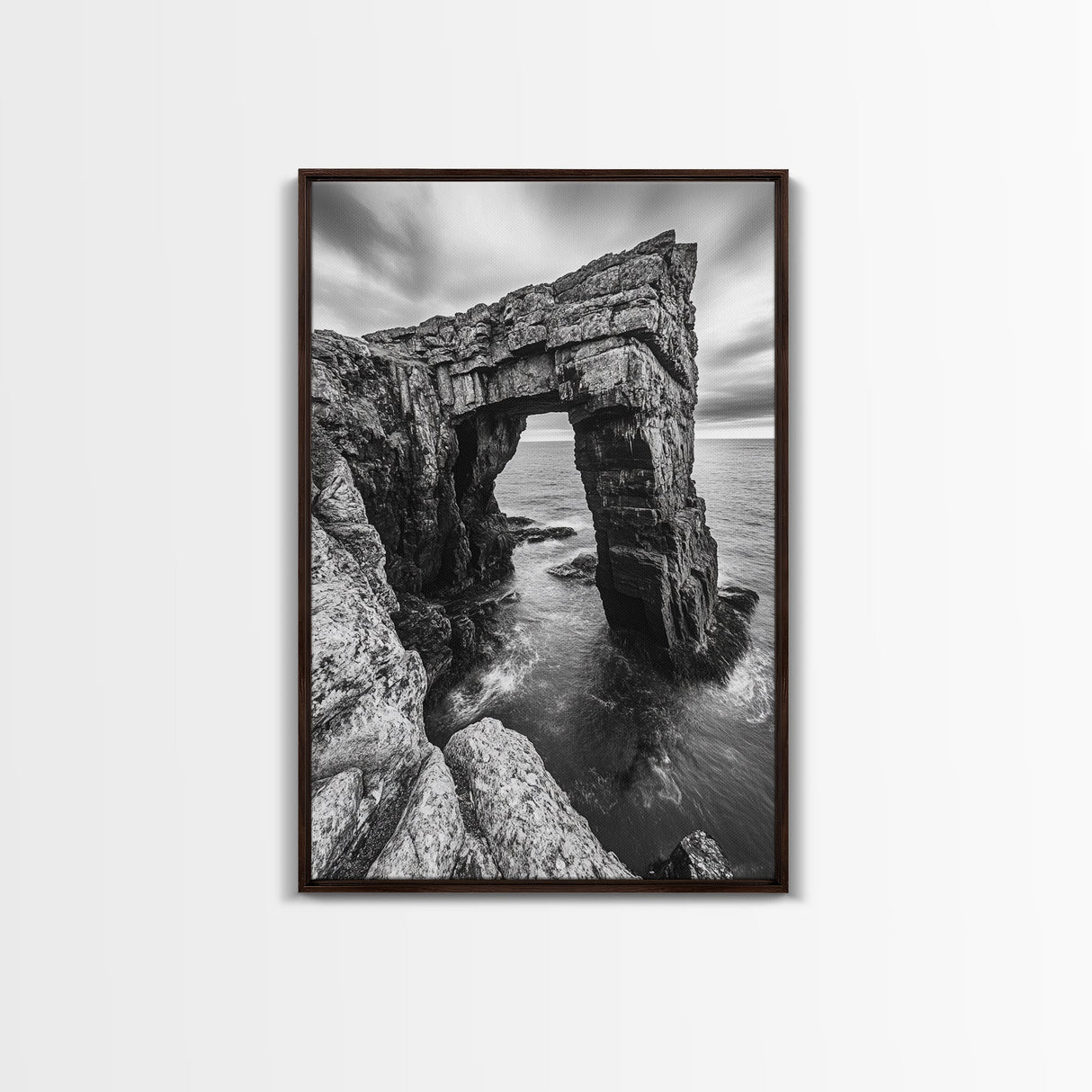 Sea Arch, Coastal Rock, Ocean Cliffside, Canvas Print, Dramatic Nature Wall Art, Living Room or Office Decor, Black White Seascape