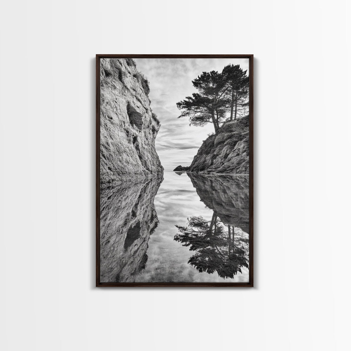 Reflected Trees, Peaceful Cove, Monochrome Seascape, Tranquil Decor, Framed Canvas Print, Zen Wall Art, Entryway Print, Coastal Calm