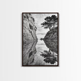 Reflected Trees, Peaceful Cove, Monochrome Seascape, Tranquil Decor, Framed Canvas Print, Zen Wall Art, Entryway Print, Coastal Calm