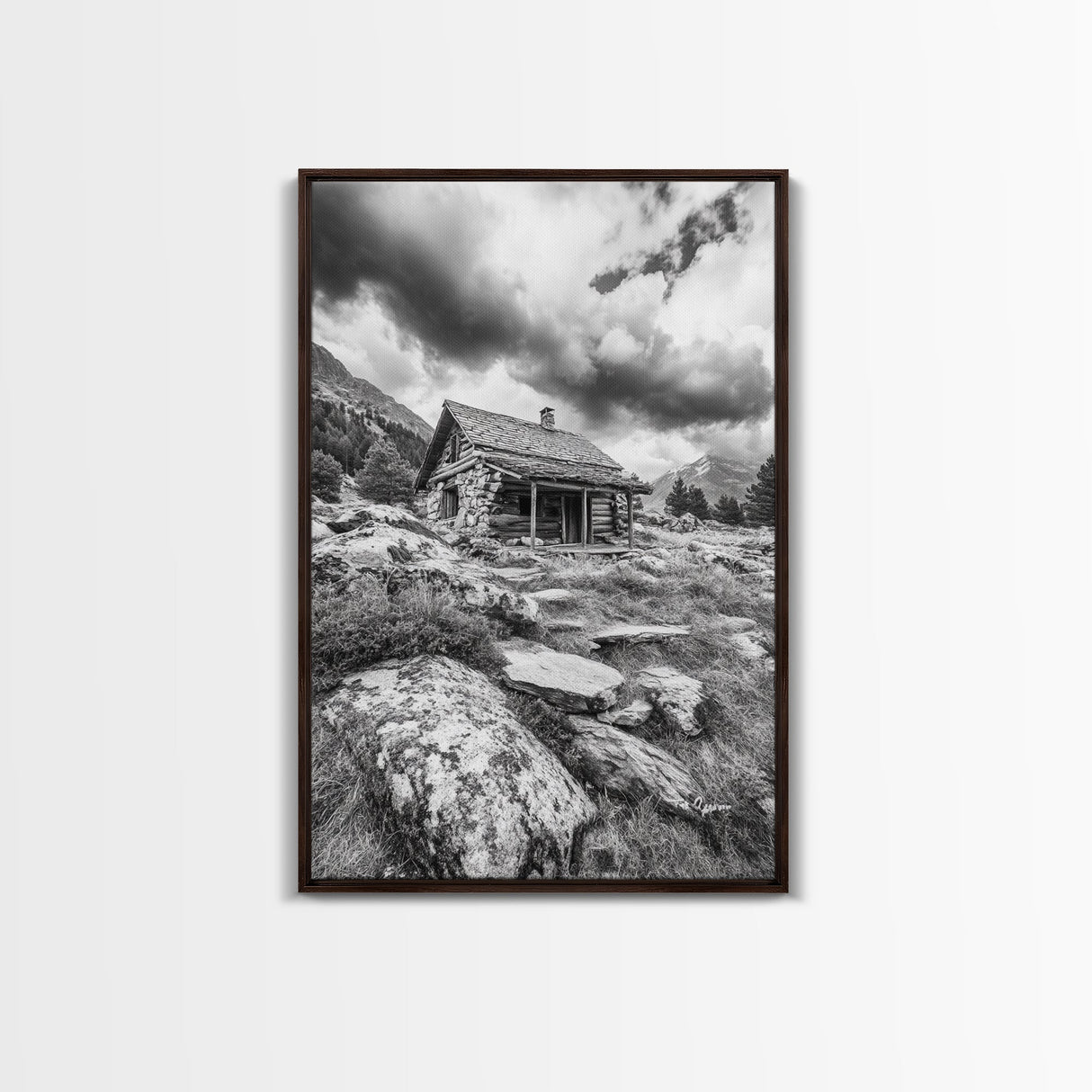 Rustic Cabin, Mountain Hideaway, Stormy Sky, Nature Lodge Decor, Framed Canvas Print, Autumn Vibes, Cozy Wall Art, Rustic Home Style