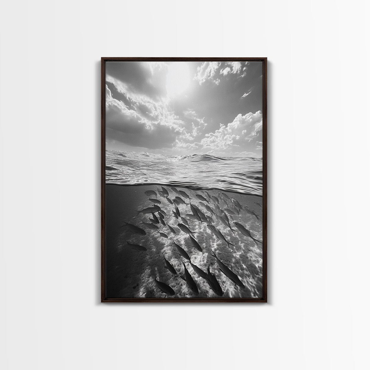 Underwater Scene, School of Fish, Ocean Photography, Split Shot Water, Framed Canvas Print, Bathroom Wall Art, Coastal Decor