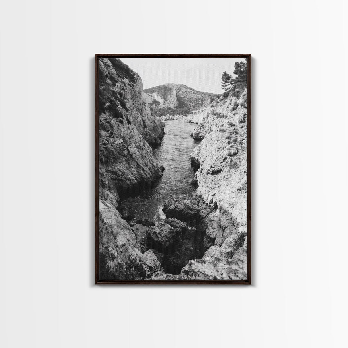 Mountain Gorge, Rugged Canyon, Flowing Stream, Wilderness Explorer, Framed Canvas Print, Cabin Wall Art, Adventurous Rustic Style