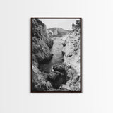 Mountain Gorge, Rugged Canyon, Flowing Stream, Wilderness Explorer, Framed Canvas Print, Cabin Wall Art, Adventurous Rustic Style