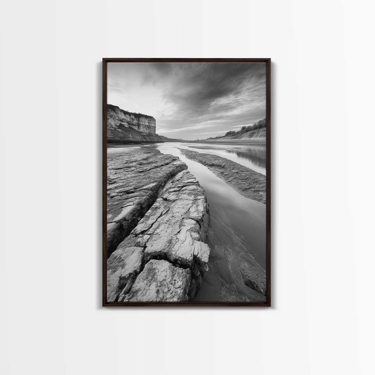 Eroded Riverbed, Desert Rock, Serene Canyon, Long Exposure, Framed Canvas Print, Earth Tones, Dining Room Decor, Nature Inspired
