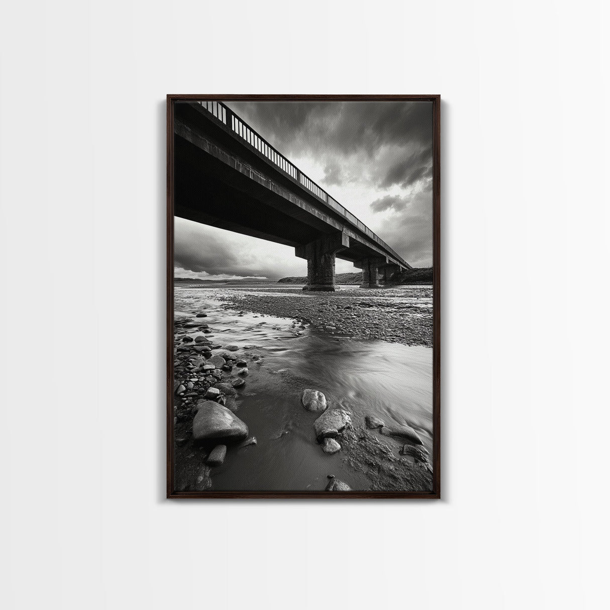 Stormy Bridge, River Rocks, Dramatic Sky, Modern Landscape, Framed Canvas Print, Moody Photography, Office Wall Art, Minimalist Decor