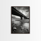 Stormy Bridge, River Rocks, Dramatic Sky, Modern Landscape, Framed Canvas Print, Moody Photography, Office Wall Art, Minimalist Decor