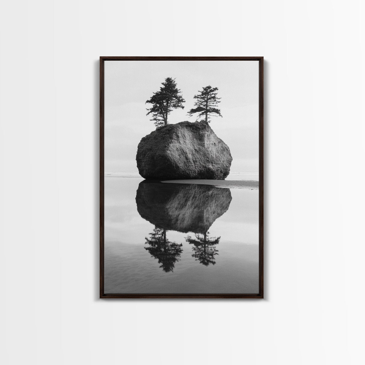 Island Reflection, Twin Trees, Still Water, Minimal Seascape, Framed Canvas Print, Bedroom Wall Art, Zen Decor, Black and White Art