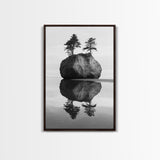 Island Reflection, Twin Trees, Still Water, Minimal Seascape, Framed Canvas Print, Bedroom Wall Art, Zen Decor, Black and White Art