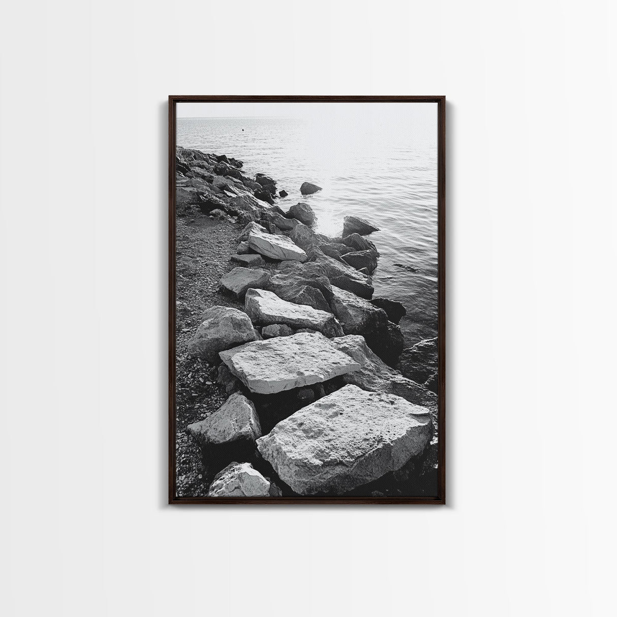 Shore Rocks, Sunlit Ocean, Rugged Texture, Minimal Horizon, Framed Canvas Print, Entryway Wall Art, Beach Decor, Neutral Tones