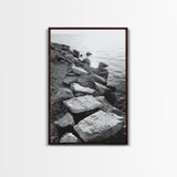 Shore Rocks, Sunlit Ocean, Rugged Texture, Minimal Horizon, Framed Canvas Print, Entryway Wall Art, Beach Decor, Neutral Tones
