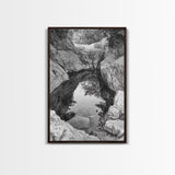 Reflective Rock Pool, Tranquil Nature, Monochrome Landscape, Black and White Framed Canvas Print, Minimalist Bathroom or Spa Wall Art