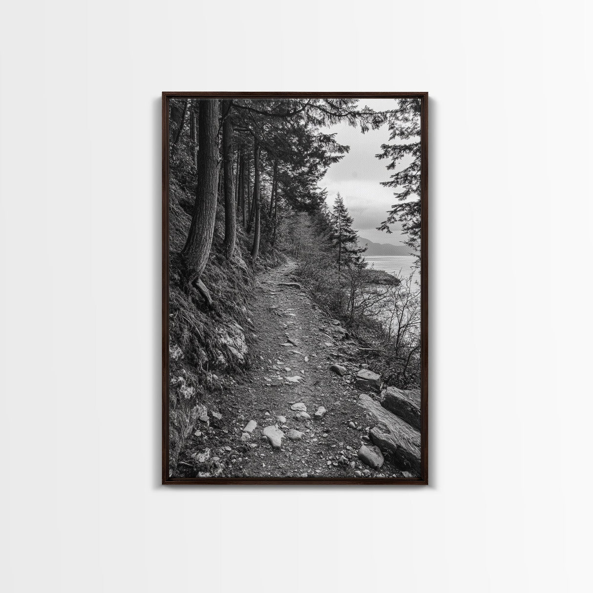Forest Pathway Trail, Wilderness Escape, Rustic Nature, Black and White Framed Canvas Print, Cozy Cabin or Entryway Wall Art