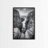 Ocean Cliff Pass, Rugged Coastal Rocks, Nature Power, Monochrome Framed Canvas Print, Moody Bathroom or Masculine Office Art