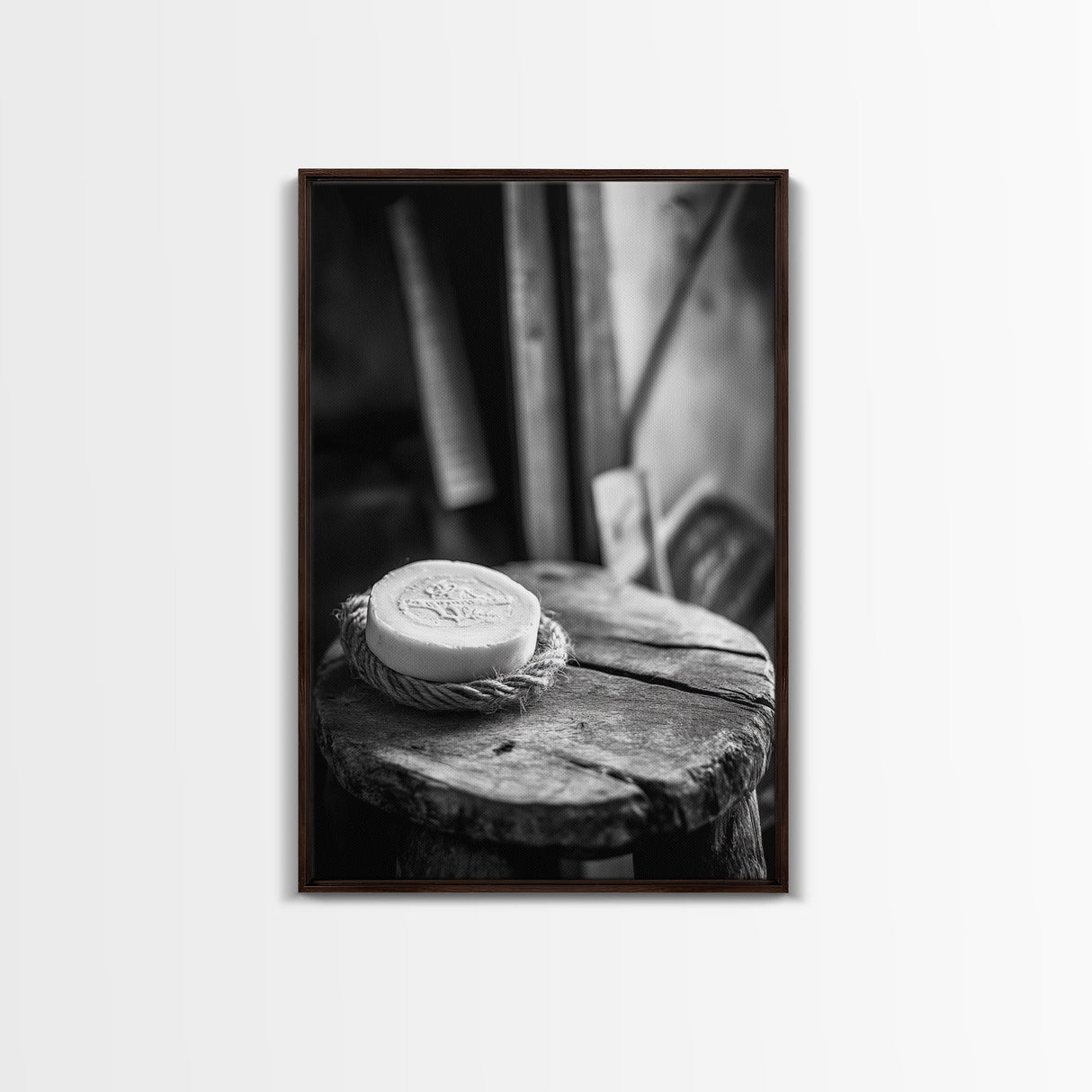 Artisan Soap Still Life, Rustic Wellness Scene, Country Bathroom, Monochrome Framed Canvas Print, Farmhouse Bathroom Wall Art