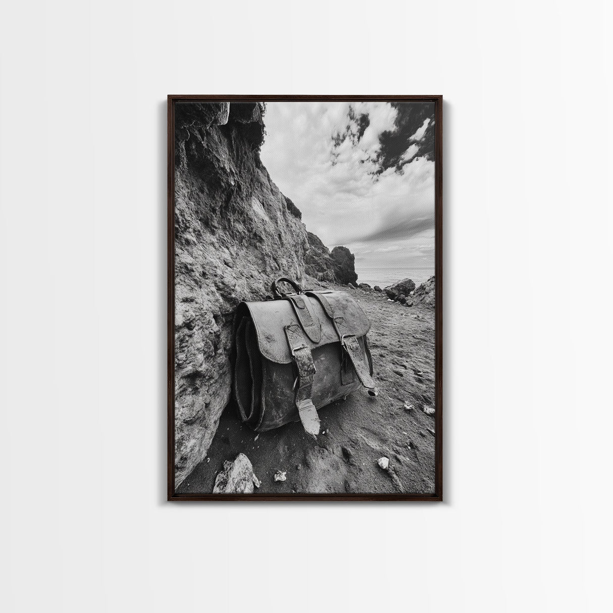 Deserted Leather Satchel, Coastal Adventure, Weathered Texture, Black and White Canvas Print, Vintage Office or Studio Wall Art