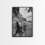 Deserted Leather Satchel, Coastal Adventure, Weathered Texture, Black and White Canvas Print, Vintage Office or Studio Wall Art