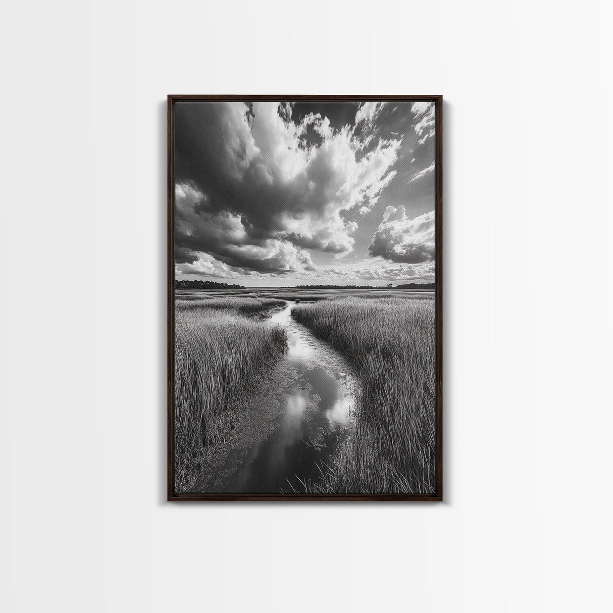 Marshland Stream, Dramatic Clouds, Nature Reflection, Canvas Print, Minimalist Landscape, Bathroom Art, Earthy Tones, Zen Mood