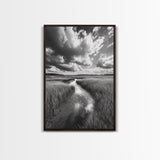 Marshland Stream, Dramatic Clouds, Nature Reflection, Canvas Print, Minimalist Landscape, Bathroom Art, Earthy Tones, Zen Mood
