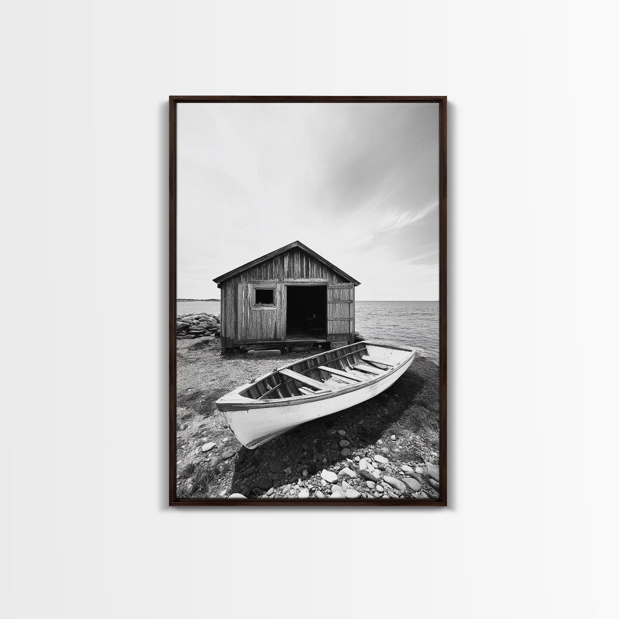 Shore Cabin, Rowboat Rest, Coastal Cabin, Serene Shoreline, Canvas Print, Lake House Wall Art, Rustic Decor, Living Room Seaside Art