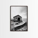 Shore Cabin, Rowboat Rest, Coastal Cabin, Serene Shoreline, Canvas Print, Lake House Wall Art, Rustic Decor, Living Room Seaside Art