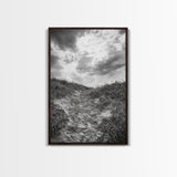 Sandy Trail, Ocean Path, Windy Grass, Moody Sky, Framed Canvas Print, coastal nature photography, hallway decor, rustic neutral art