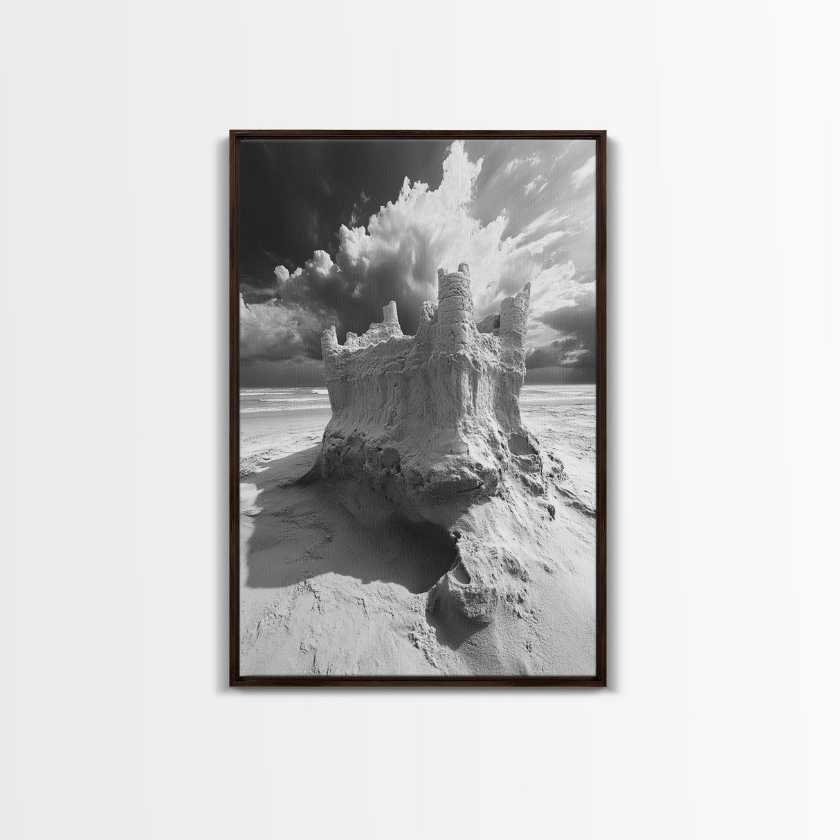 Sand Castle, Beach Fantasy, Dramatic Sky, Coastal Fortress, Framed Canvas Print, whimsical decor, kids room wall art, fairytale beach scene