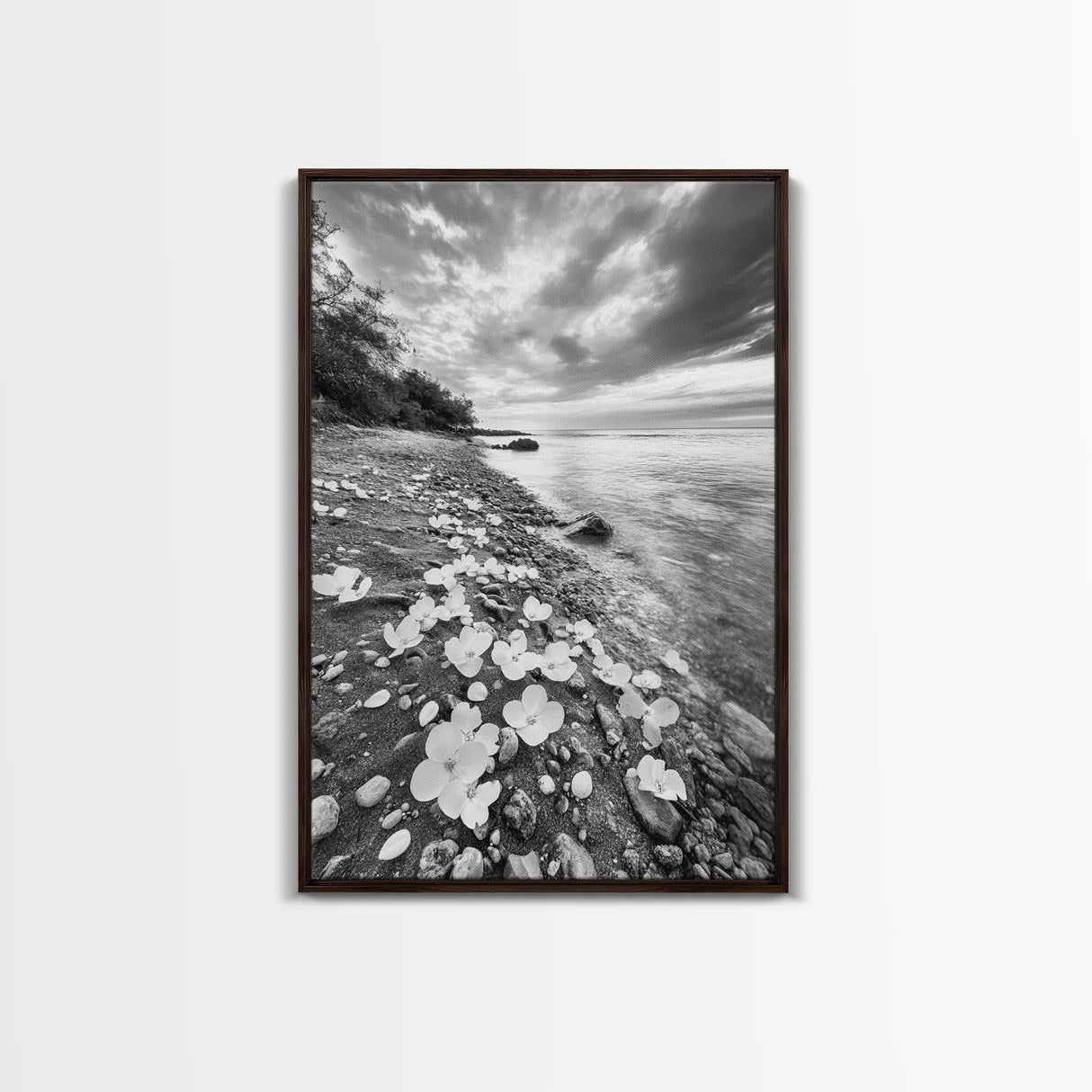 Flower Shore, Peaceful Beach, Moody Sky, Petal Scape, Framed Canvas Print, romantic beach art, bedroom decor, black and white floral print