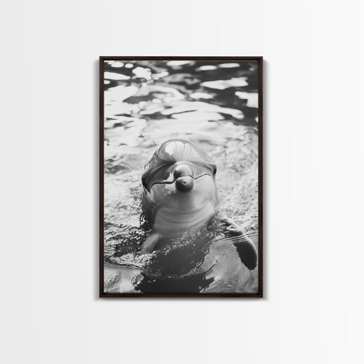 Dolphin Smile, Ocean Friend, Water Reflections, Gentle Waves, Framed Canvas Print, Kids Bathroom Art, Marine Life Decor, Playroom Artwork