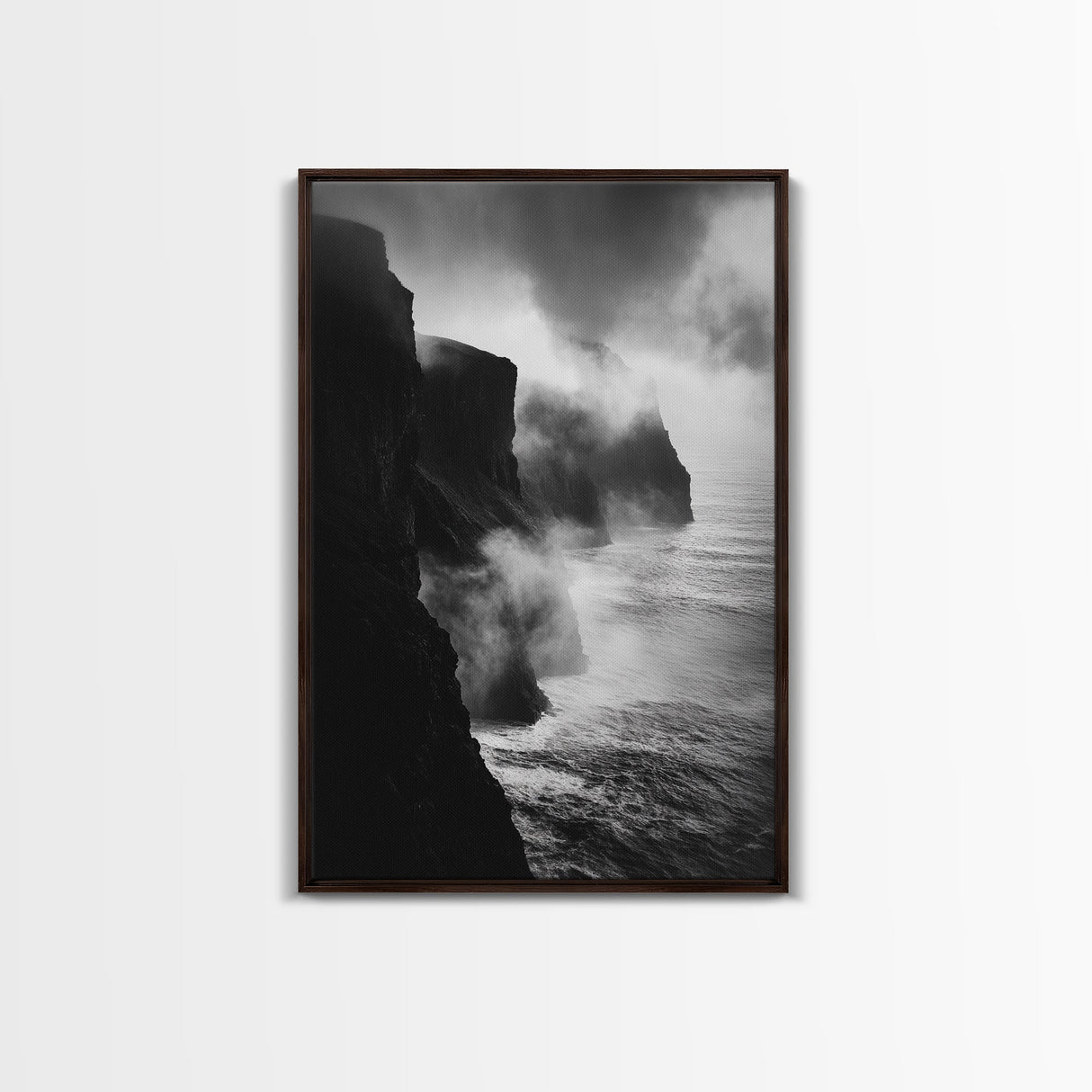 Stormy Cliffs, Ocean Fog, Monochrome Coast, Wild Nature Framed Canvas Print, moody wall art, rustic living room decor, dark aesthetic
