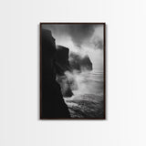 Stormy Cliffs, Ocean Fog, Monochrome Coast, Wild Nature Framed Canvas Print, moody wall art, rustic living room decor, dark aesthetic
