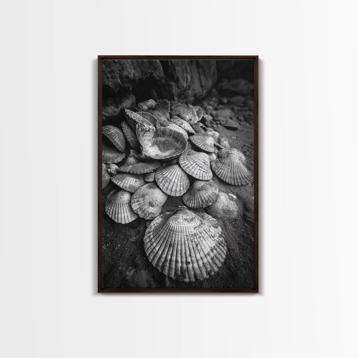 Seashell Pile, Textured Beach, Coastal Treasures, Natural Beauty Framed Canvas Print, bathroom decor, shell art, beach wall style