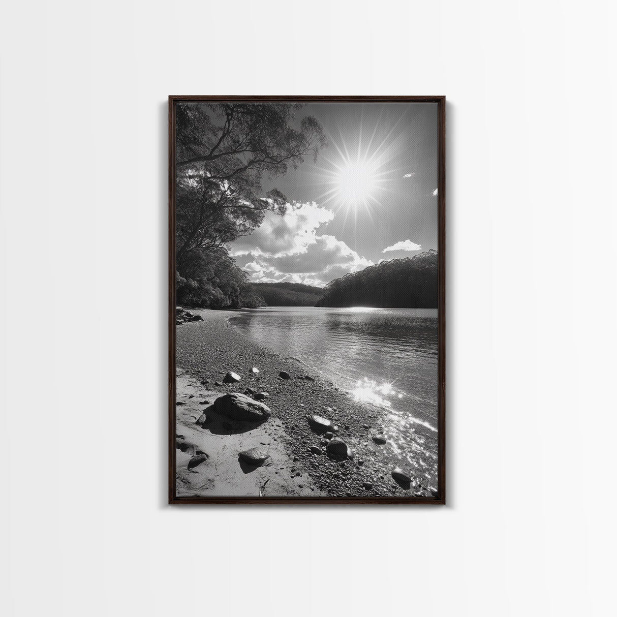 Ocean Shoreline, Serene Landscape, Coastal Photography, Canvas Print, Modern Nature Decor, Living Room Wall Art, Black and White Art