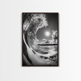 Wave Photography, Surfer Dream, Sea Curl Motion, Framed Canvas Print, Coastal Wall Art, Beach House Decor, Monochrome Ocean Style
