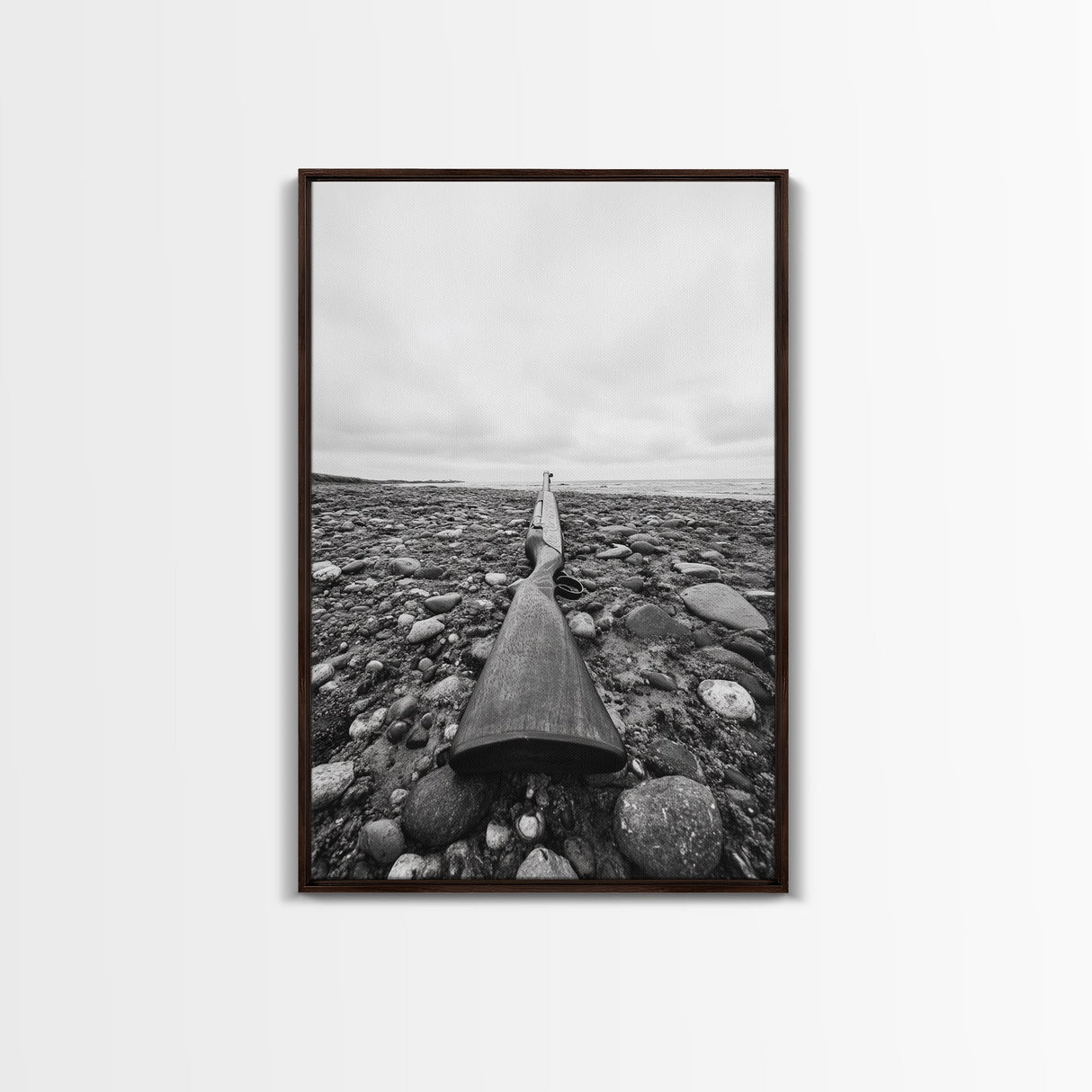 Rifle on Pebbles, Rustic Coastal, Survivalist Aesthetic, Canvas Print, Cabin Wall Art, Masculine Decor, Nature Minimalist Style