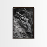 Floral Engraved Revolver, Vintage Western Gun, Cowboy Detail Shot, Canvas Print, Man Cave Art, Rustic Americana Wall Style