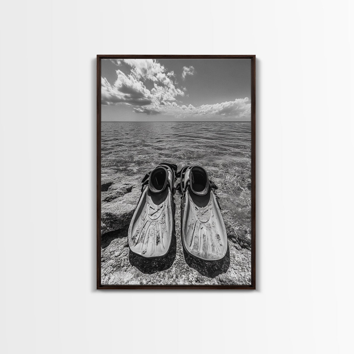Ocean Fins, Coastal Escape, Underwater Adventure, Canvas Print, Beach Bathroom Wall Art, Nautical Photography, Black and White Decor
