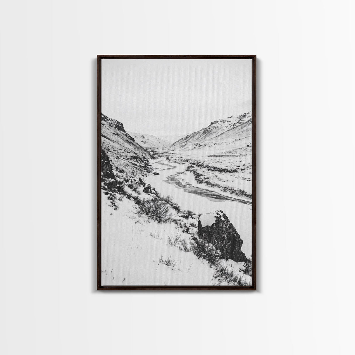 Snowy Canyon, Winter Valley, Frozen Landscape, Framed Canvas Print, Minimalist Wall Art, Neutral Living Room or Office Decor